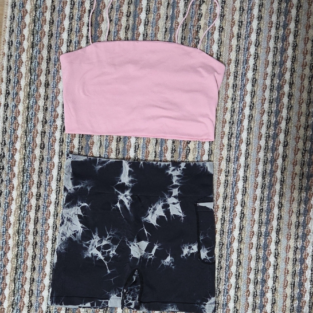 SHEIN Pink Top and Black Tie-Dye Shorts Set